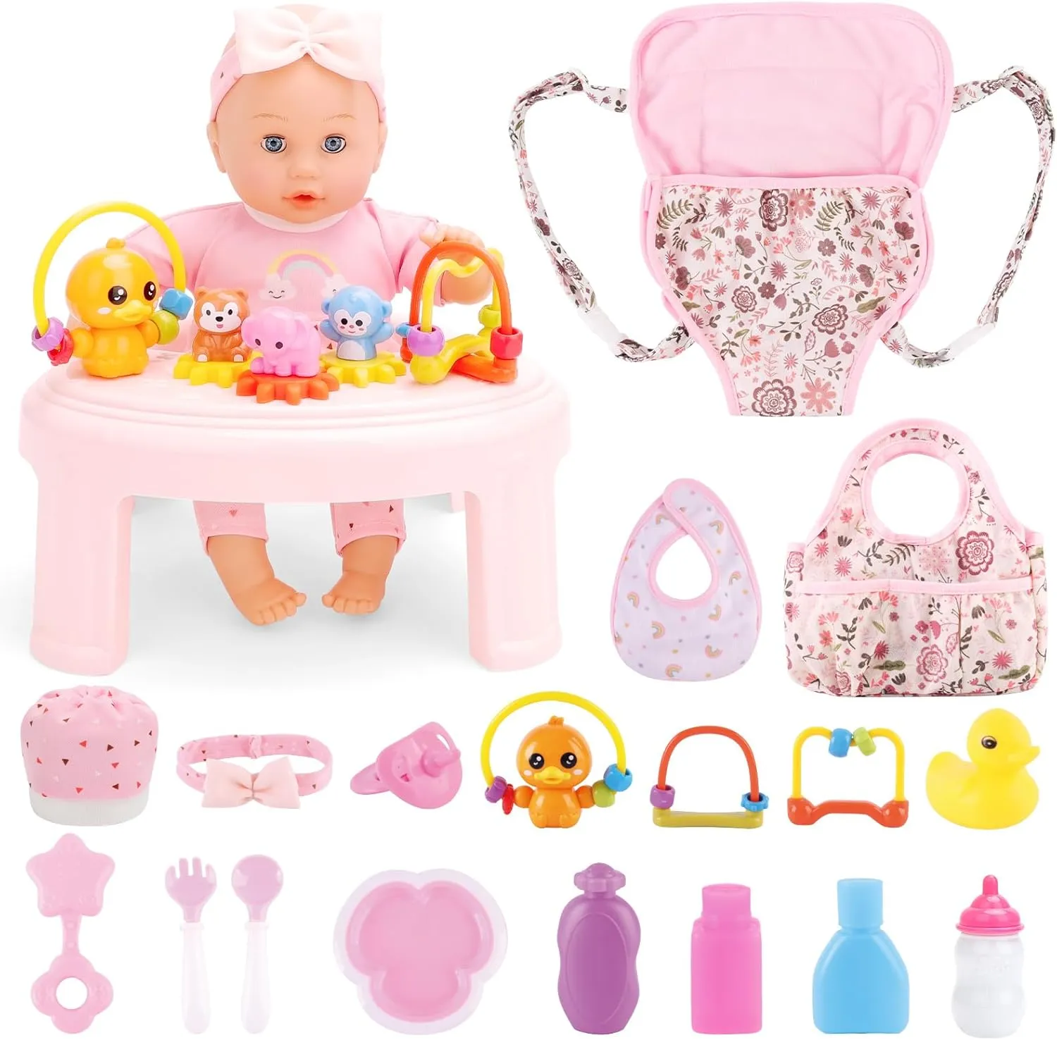 deAO 13'' Girl Baby Doll Play Set Interactive Baby Doll with 20pcs Accessories Carrier Crossbody Diaper Bag Feeding Nursery Pretend Play Toddler Girl Toy Gift 3 4 5 6 Year