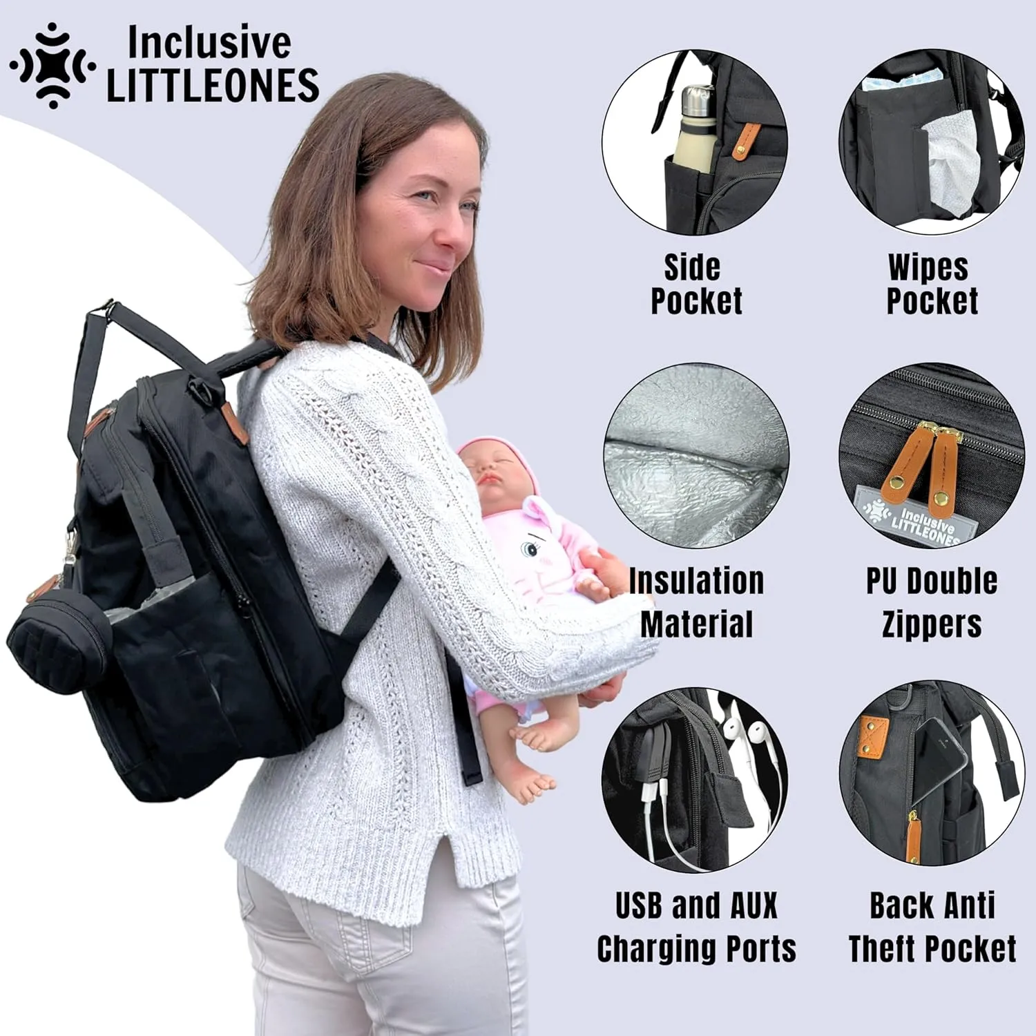 Diaper Backpack with Changing Station – Black Baby Bag with Reusable Wipes Pouch & Waterproof Pacifier Holder – Perfect for Boys & Girls