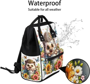 Diaper Bag Backpack Animal Hedgehog Flower Baby Bag for Boys& Girls, Waterproof Mummy Bag, Baby Nappy Changing Bags, Large Capacity Tote Handbags Casual Travel Backpacks for Mom Dad Unisex