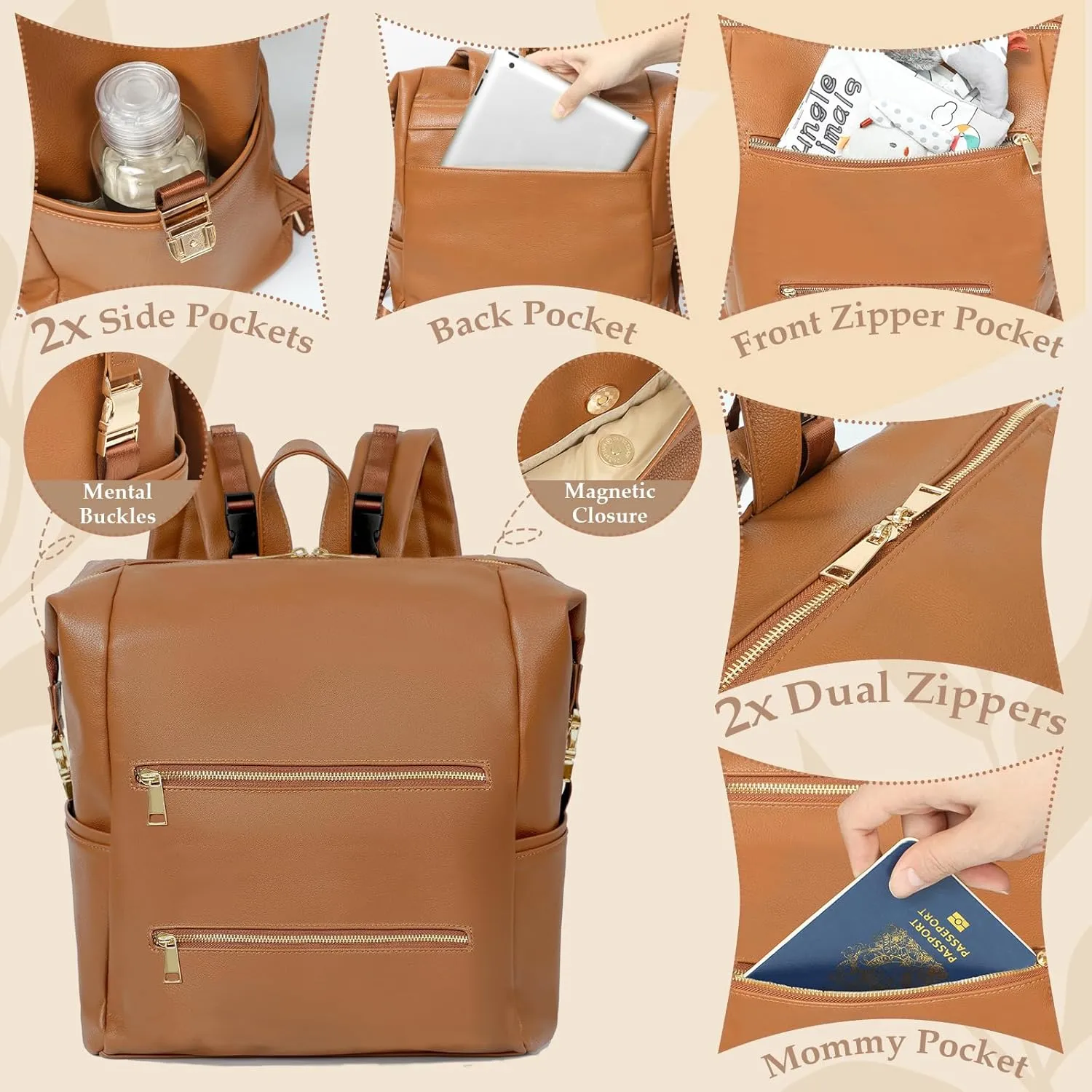 Diaper Bag Backpack Baby Diaper Bag with 15 Pockets Travel Backpack,2 Insulated Pockets,Stroller Straps,Changing Pad,Brown