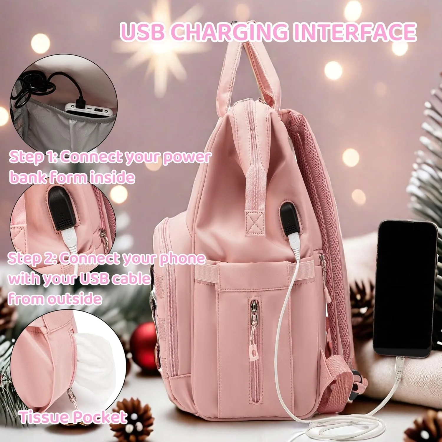 Diaper Bag Backpack for Dad and Mom with USB Charging Port Stroller Straps and Insulated Pocket,army military Travel Nappy Backpack for Daddy/Mommy (Pink)