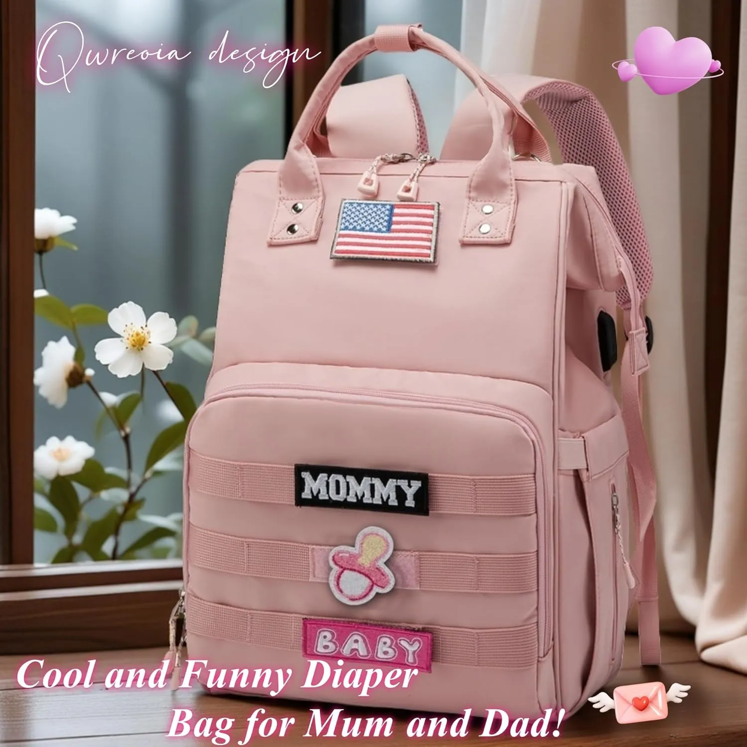 Diaper Bag Backpack for Dad and Mom with USB Charging Port Stroller Straps and Insulated Pocket,army military Travel Nappy Backpack for Daddy/Mommy (Pink)