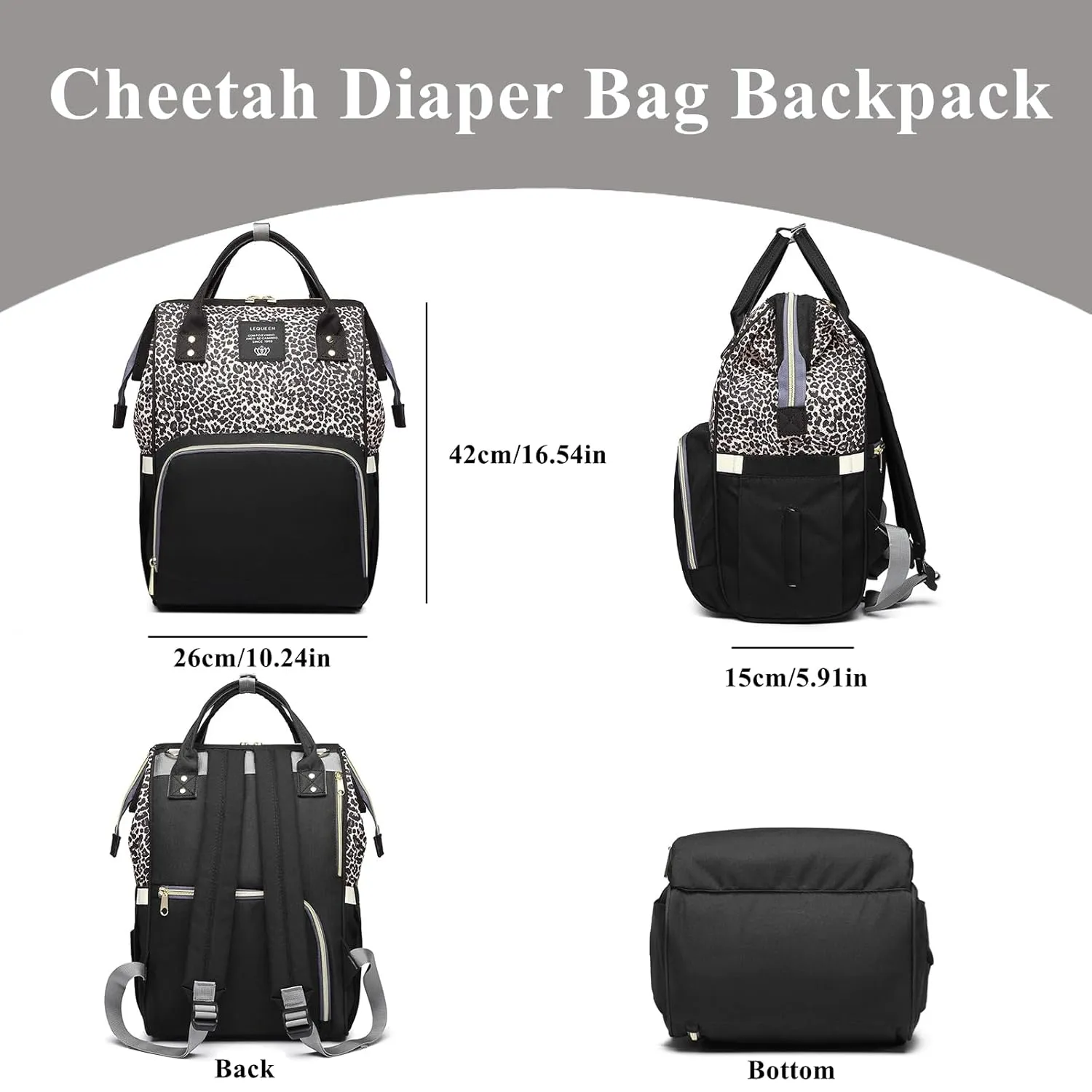 Diaper Bag Backpack, Leopard Multi function Baby Diaper Bag for Boys Girls Waterproof Backpack Travel Diaper Bag Gray