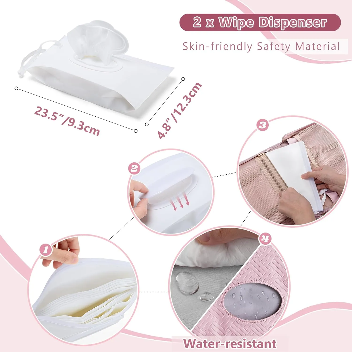 Diaper Clutch Bag with 2 Pieces Wipes Dispensers, Small Diaper Bag with Multiple Pockets for Storage of Baby Necessities, Baby Travel Essential, Pink