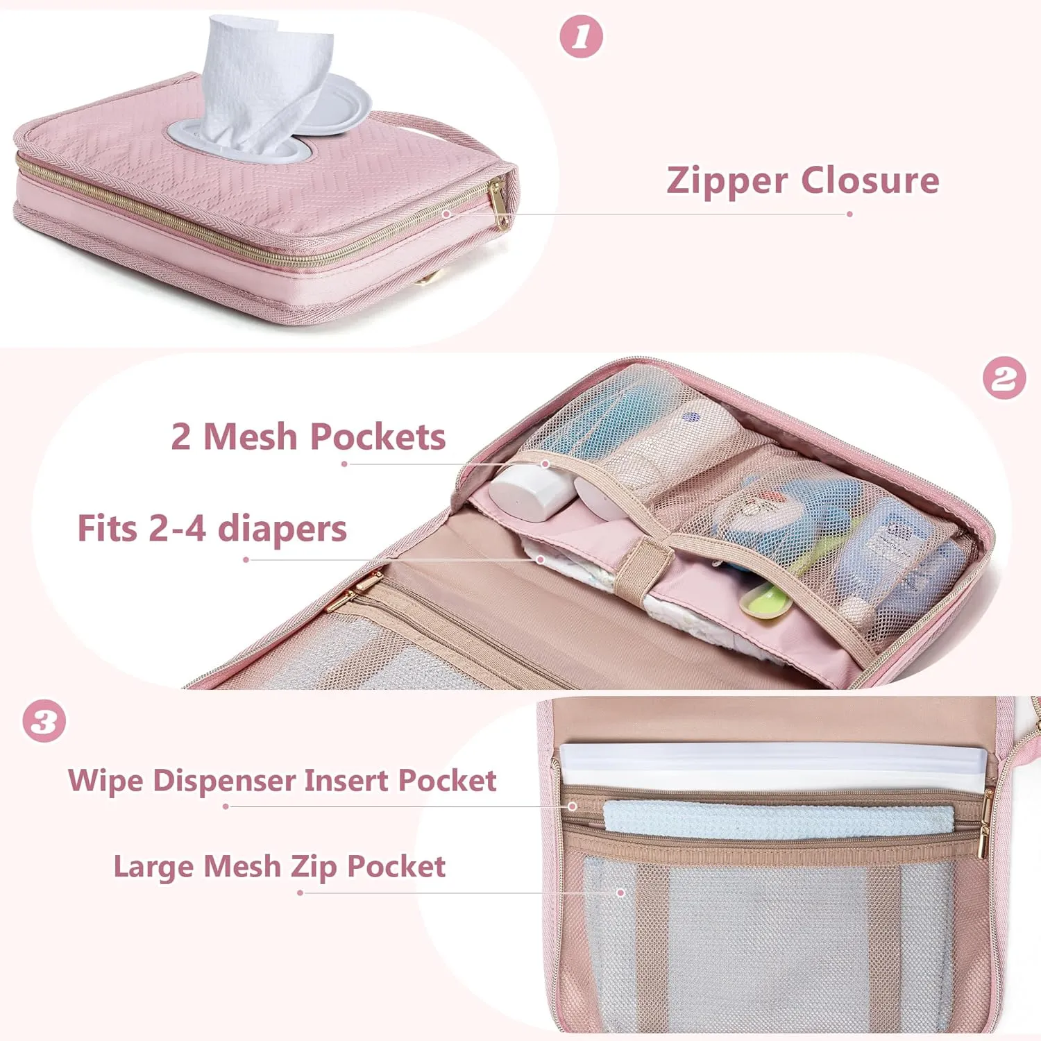 Diaper Clutch Bag with 2 Pieces Wipes Dispensers, Small Diaper Bag with Multiple Pockets for Storage of Baby Necessities, Baby Travel Essential, Pink