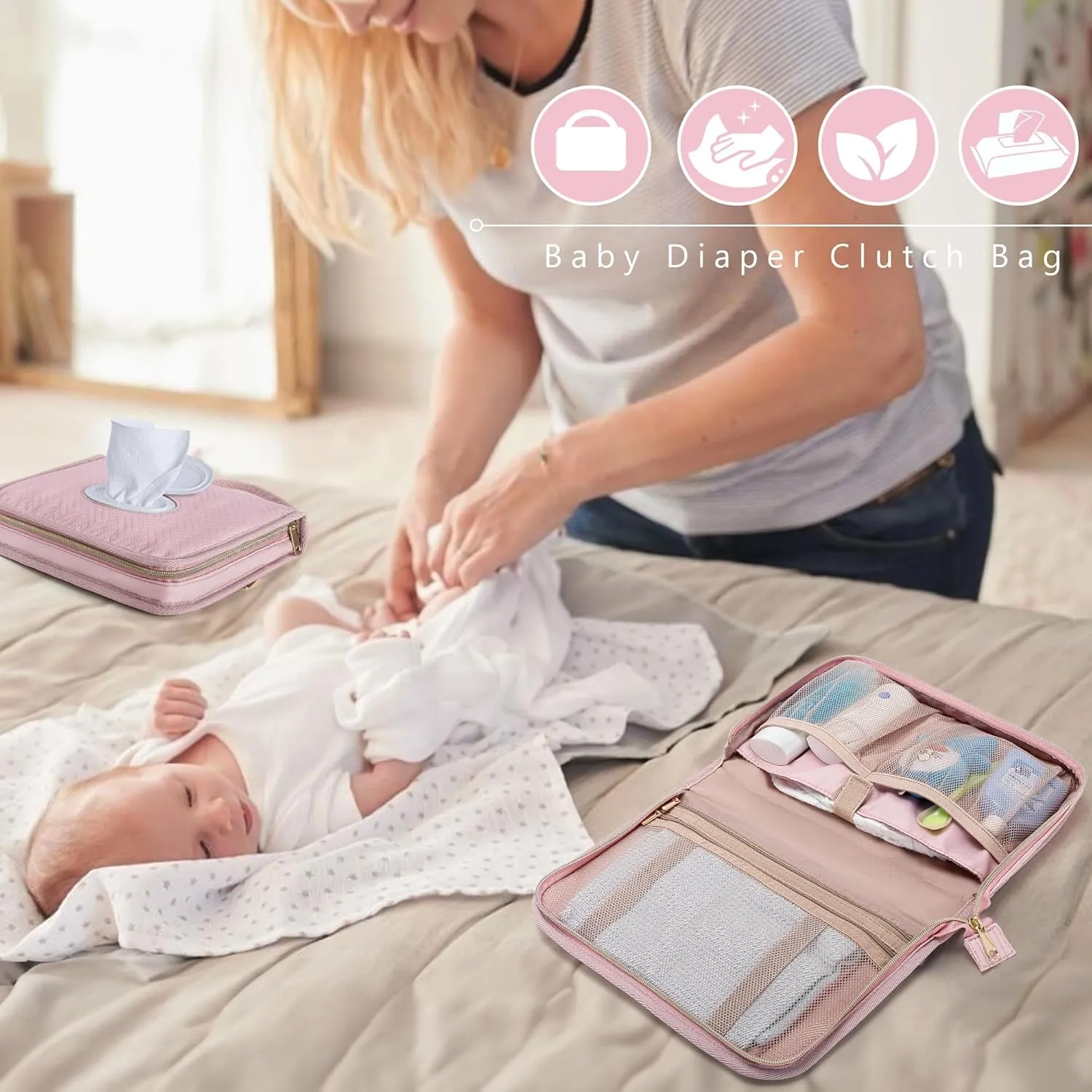 Diaper Clutch Bag with 2 Pieces Wipes Dispensers, Small Diaper Bag with Multiple Pockets for Storage of Baby Necessities, Baby Travel Essential, Pink