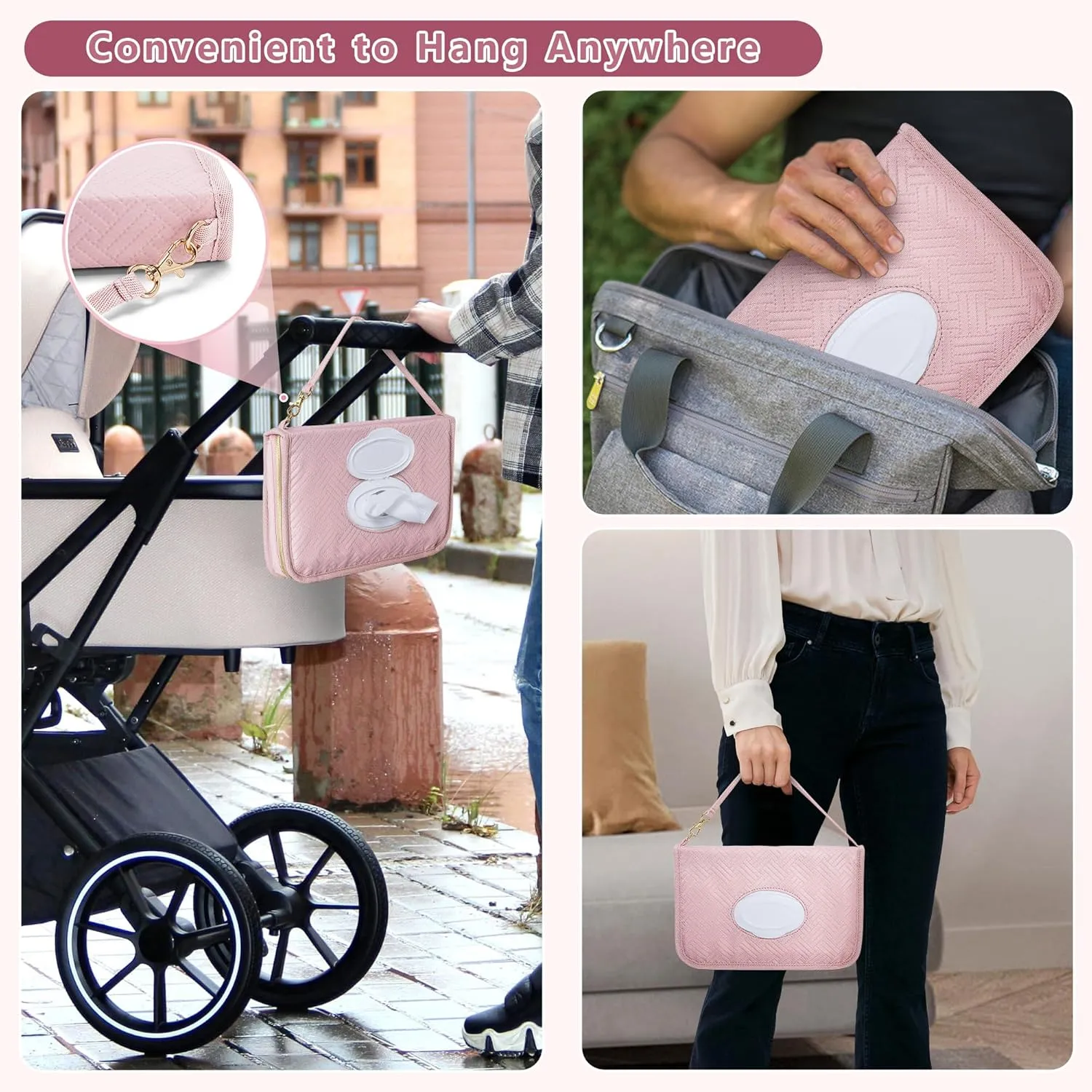 Diaper Clutch Bag with 2 Pieces Wipes Dispensers, Small Diaper Bag with Multiple Pockets for Storage of Baby Necessities, Baby Travel Essential, Pink