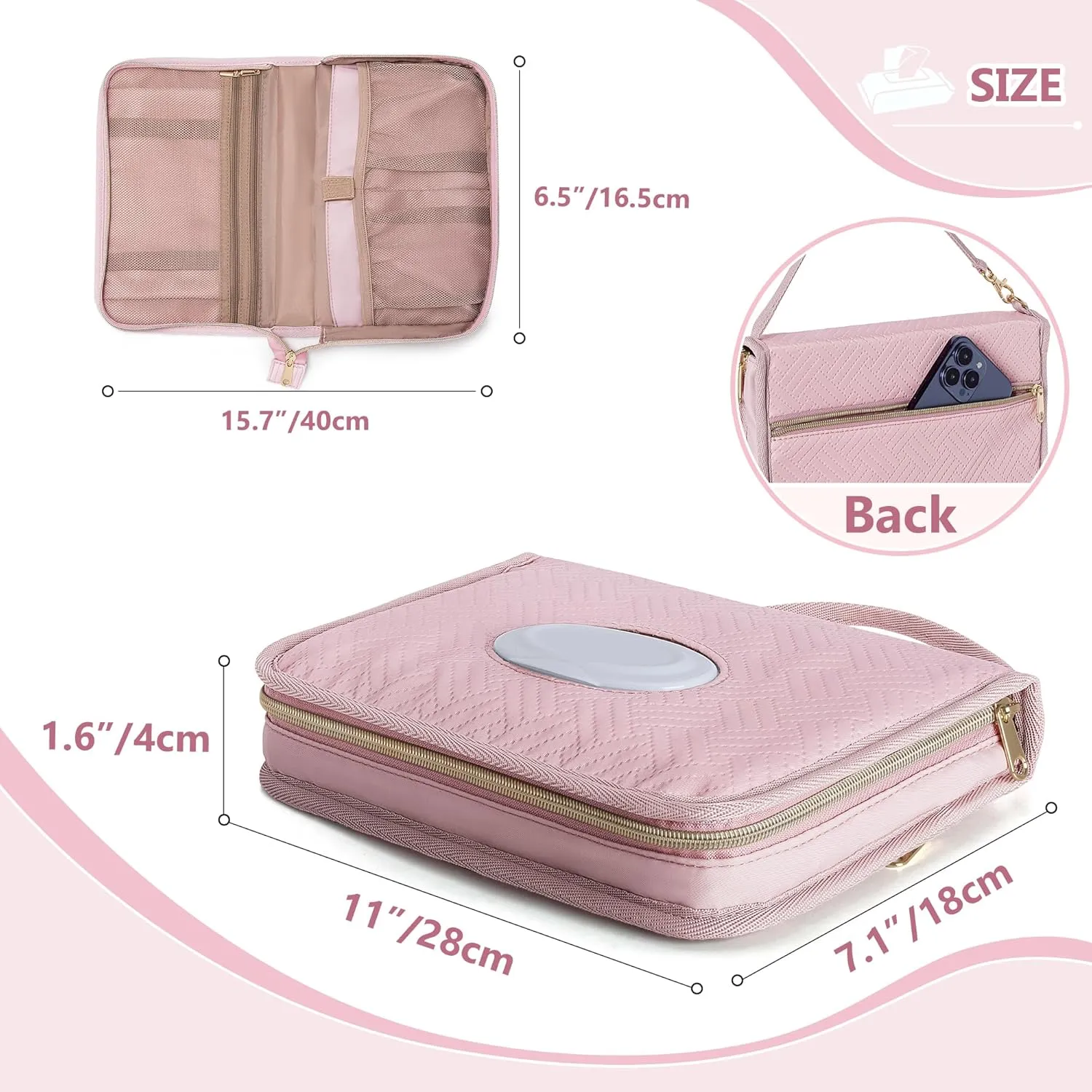 Diaper Clutch Bag with 2 Pieces Wipes Dispensers, Small Diaper Bag with Multiple Pockets for Storage of Baby Necessities, Baby Travel Essential, Pink