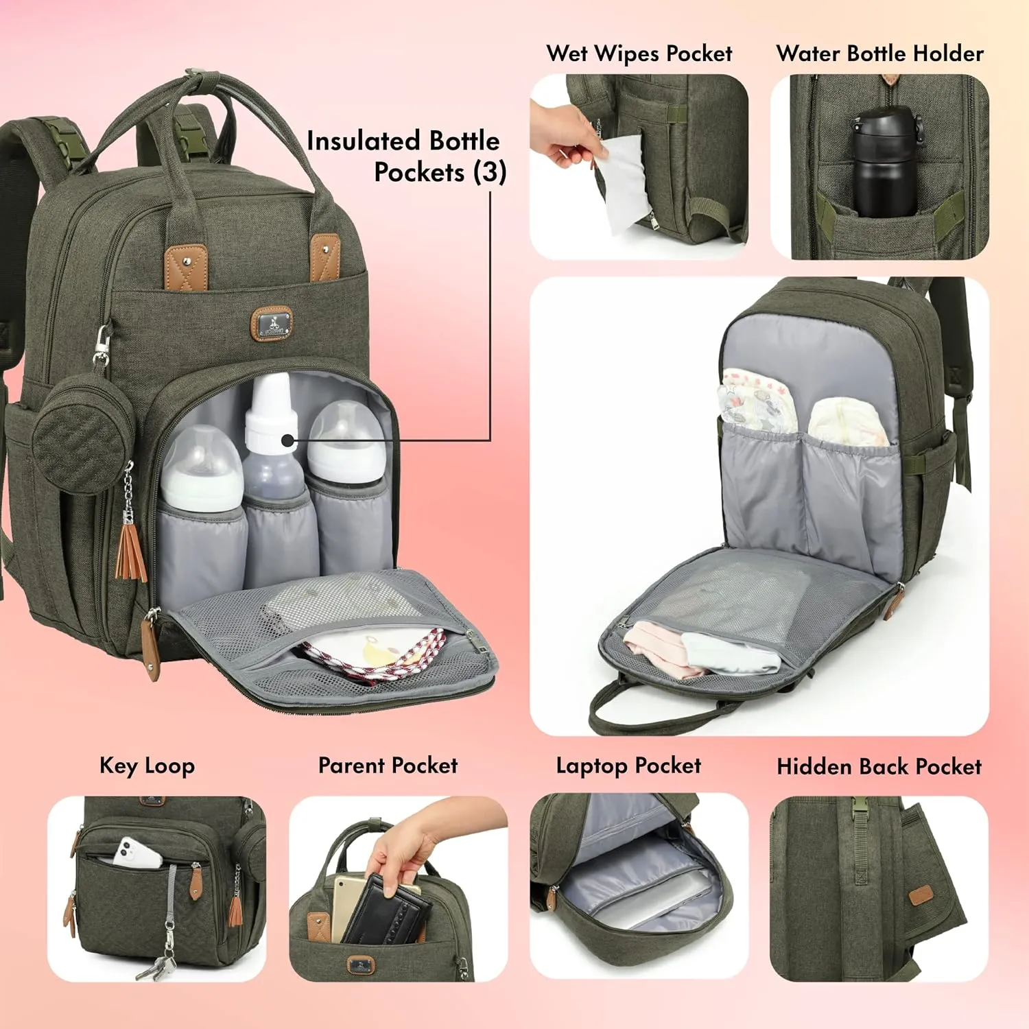 Dikaslon Diaper Bag Backpack with Portable Changing Pad, Pacifier Case and Stroller Straps, Large Unisex Baby Bags for Boys Girls, Multipurpose Travel Back Pack for Moms Dads, Army Green
