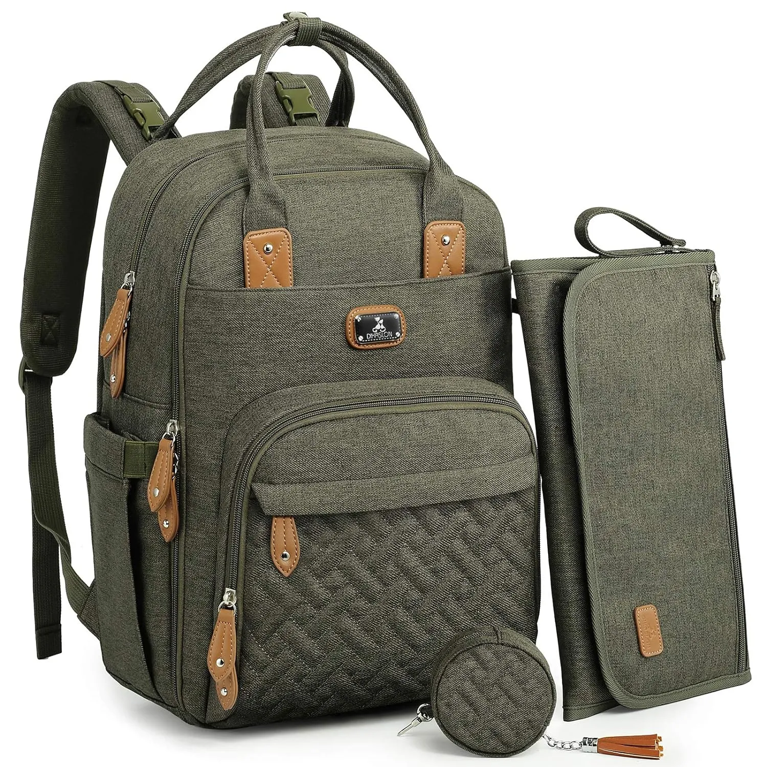 Dikaslon Diaper Bag Backpack with Portable Changing Pad, Pacifier Case and Stroller Straps, Large Unisex Baby Bags for Boys Girls, Multipurpose Travel Back Pack for Moms Dads, Army Green