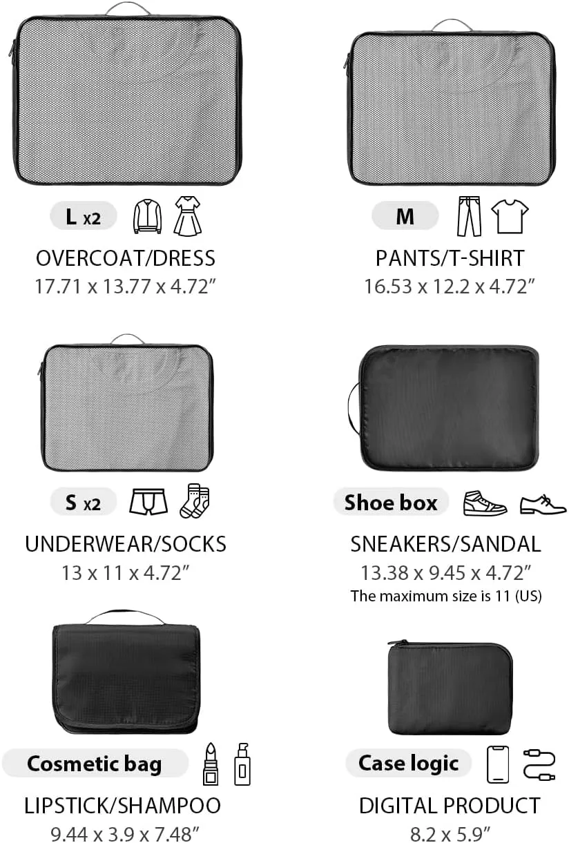 DIMJ Packing Cubes for Travel 8 Set, Suitcase Organizer Bags Set Travel Cubes for Suitcase Lightweight Travel Packing Organizers for Shoes Clothes Cosmetics Toiletries. (Black)
