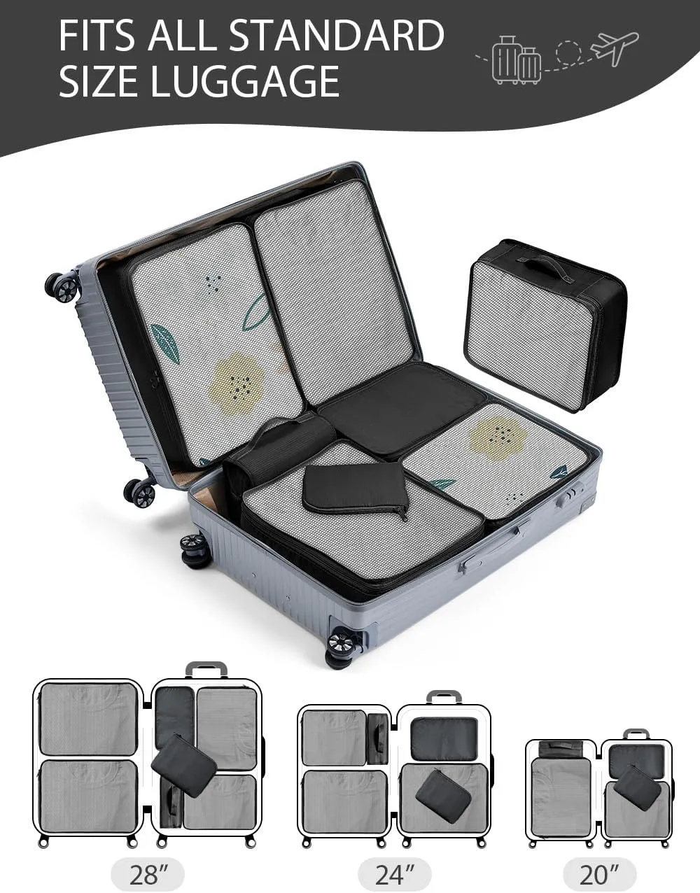 DIMJ Packing Cubes for Travel 8 Set, Suitcase Organizer Bags Set Travel Cubes for Suitcase Lightweight Travel Packing Organizers for Shoes Clothes Cosmetics Toiletries. (Black)