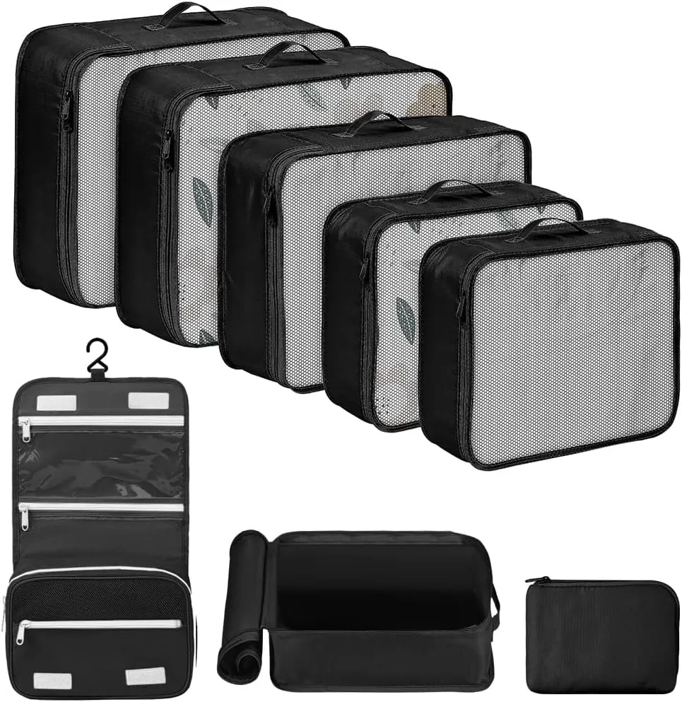 DIMJ Packing Cubes for Travel 8 Set, Suitcase Organizer Bags Set Travel Cubes for Suitcase Lightweight Travel Packing Organizers for Shoes Clothes Cosmetics Toiletries. (Black)