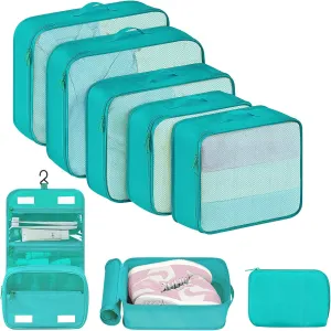 DIMJ Packing Cubes for Travel - 8 Set Travel Packing Cubes, Packing Cubes for Carry on Luggage Organizer Bags With Toiletry Bag Hanging, for Clothes, Shoes, Underwear, Cosmetics.(Green Blue)