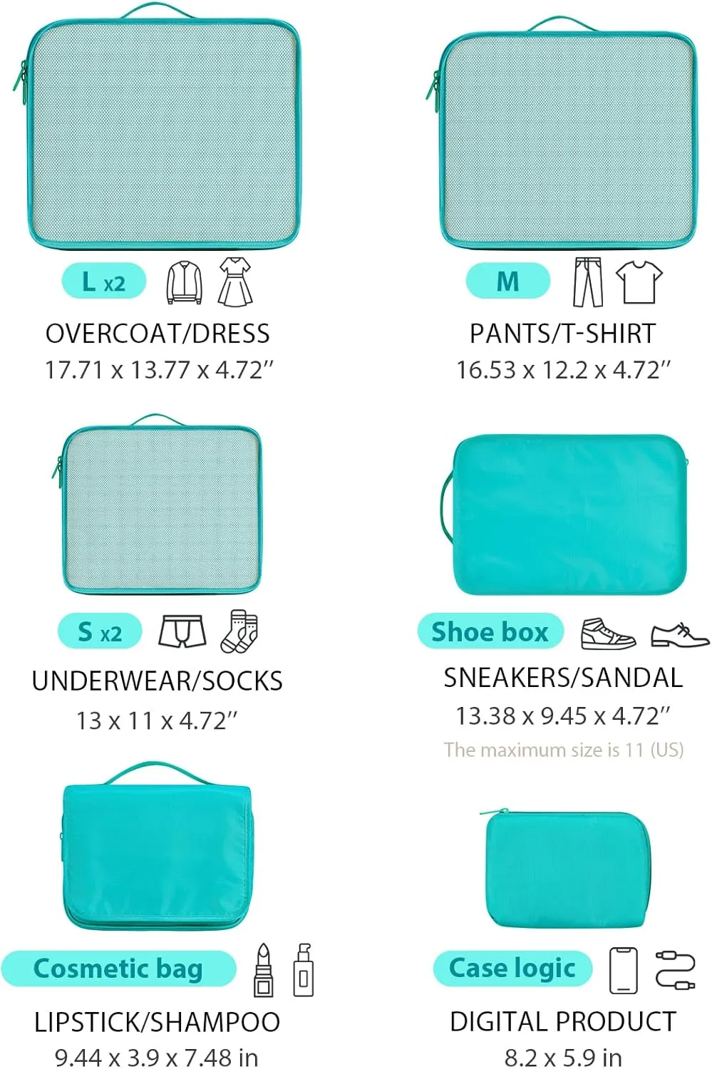 DIMJ Packing Cubes for Travel - Organizer Bags Set for Carry on Suitcase Lightweight Packing Cubes for Suitcase Cubes for luggage with Large Toiletries Bag (Green)