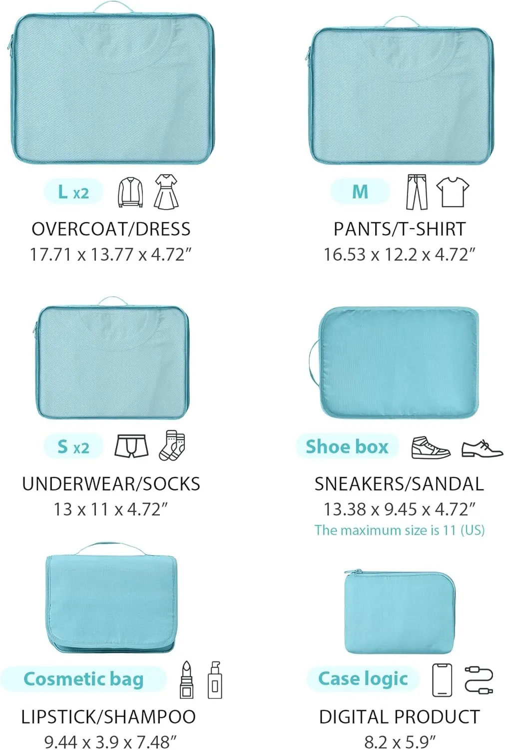 DIMJ Packing Cubes for Travel - Organizer Bags Set for Carry on Suitcase Lightweight Travel Cubes for luggage with Large Toiletries Bag (Blue)