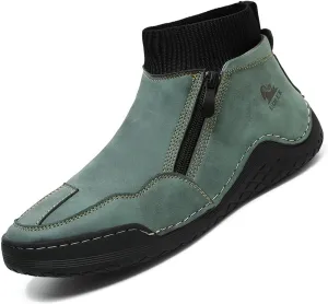 DirraBra Men's Leather Casual Sock High Top Loafers Hand-Stitching Side Zipper Non-Slip Driving Chukka Boots Comfort Warm Fur Lined Driving Ankle Boot