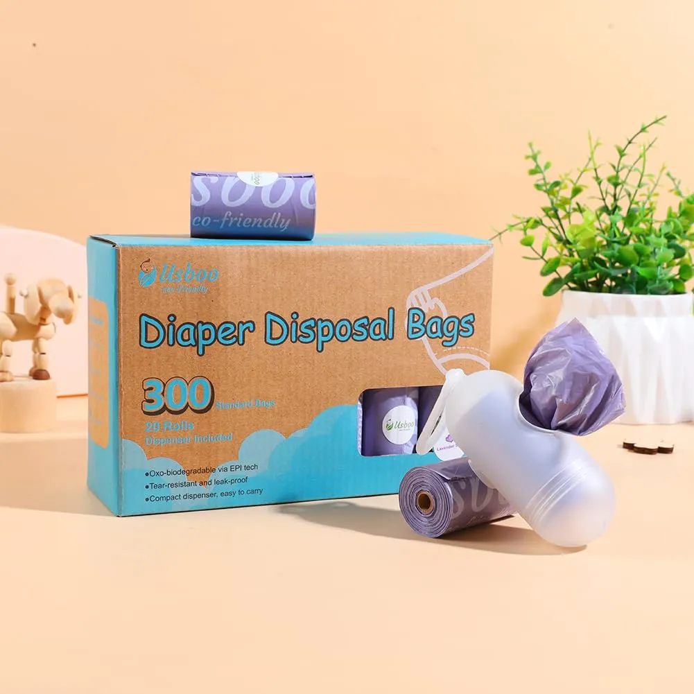 Disposable Diaper Bags for Baby, 20 Refill Rolls (300 Pack),Baby Poop Bags with Dispenser, Essential for Travel and Quick Change on The Go, Purple and Lavender Scented