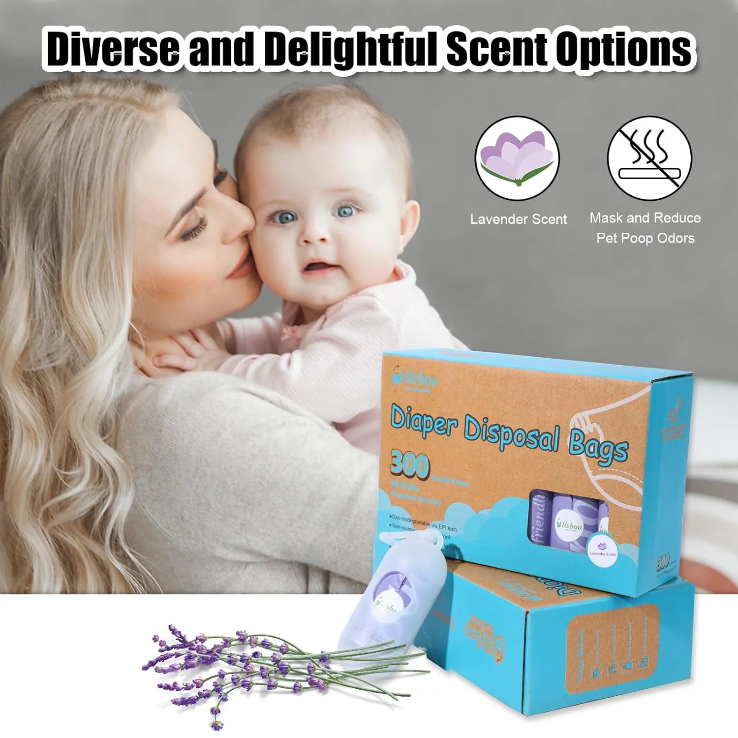 Disposable Diaper Bags for Baby, 20 Refill Rolls (300 Pack),Baby Poop Bags with Dispenser, Essential for Travel and Quick Change on The Go, Purple and Lavender Scented