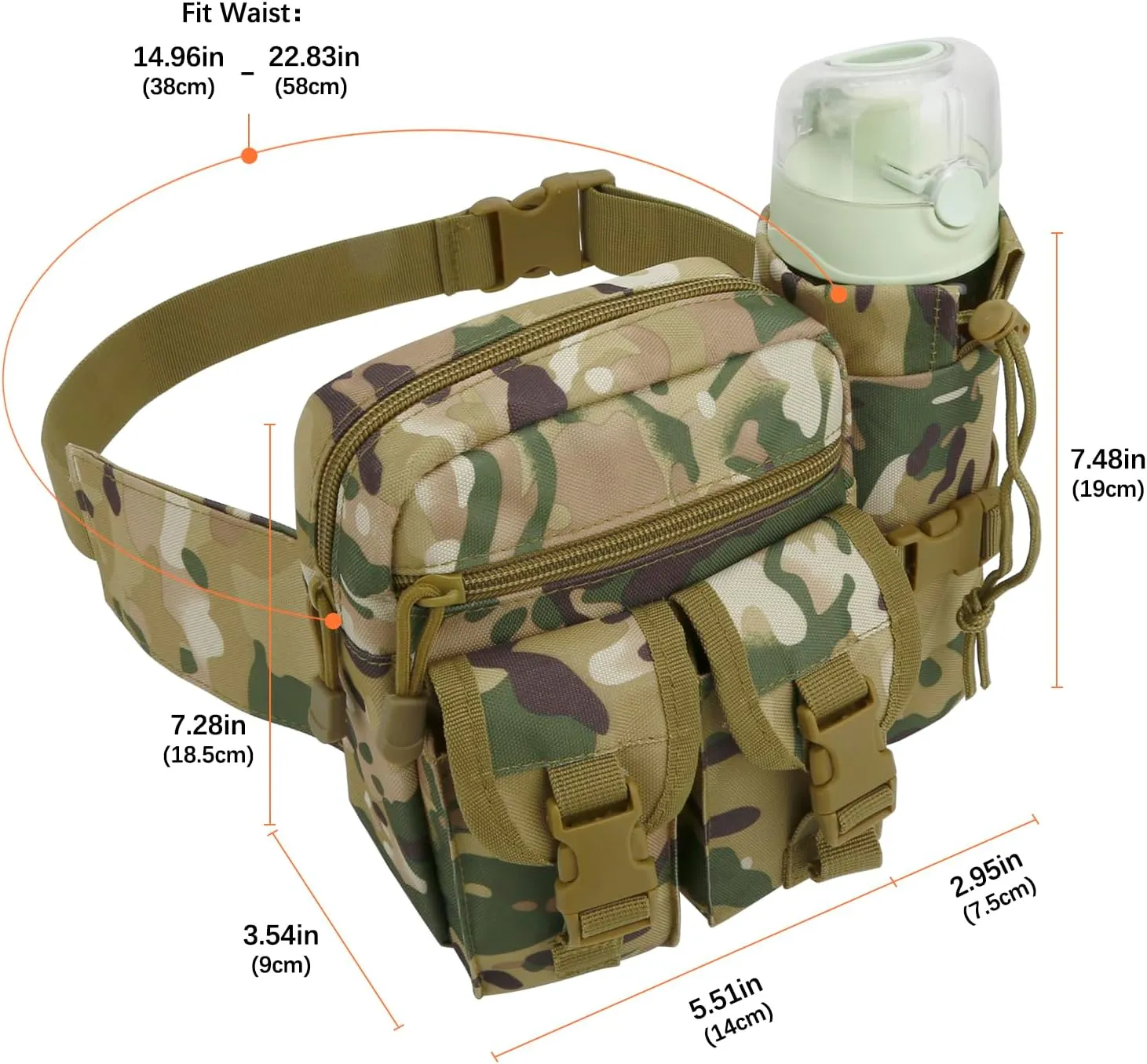 DOB SECHS Hiking Waist Bag with Detachable Water Bottle Holder and Adjustable Waist Belt Oxford Fanny Pack for Men Women Causal Belt Bag for Travel Outdoor Fishing Hiking Hunting,Light Camouflage