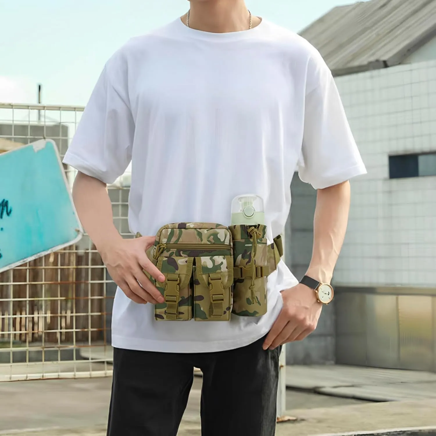 DOB SECHS Hiking Waist Bag with Detachable Water Bottle Holder and Adjustable Waist Belt Oxford Fanny Pack for Men Women Causal Belt Bag for Travel Outdoor Fishing Hiking Hunting,Light Camouflage