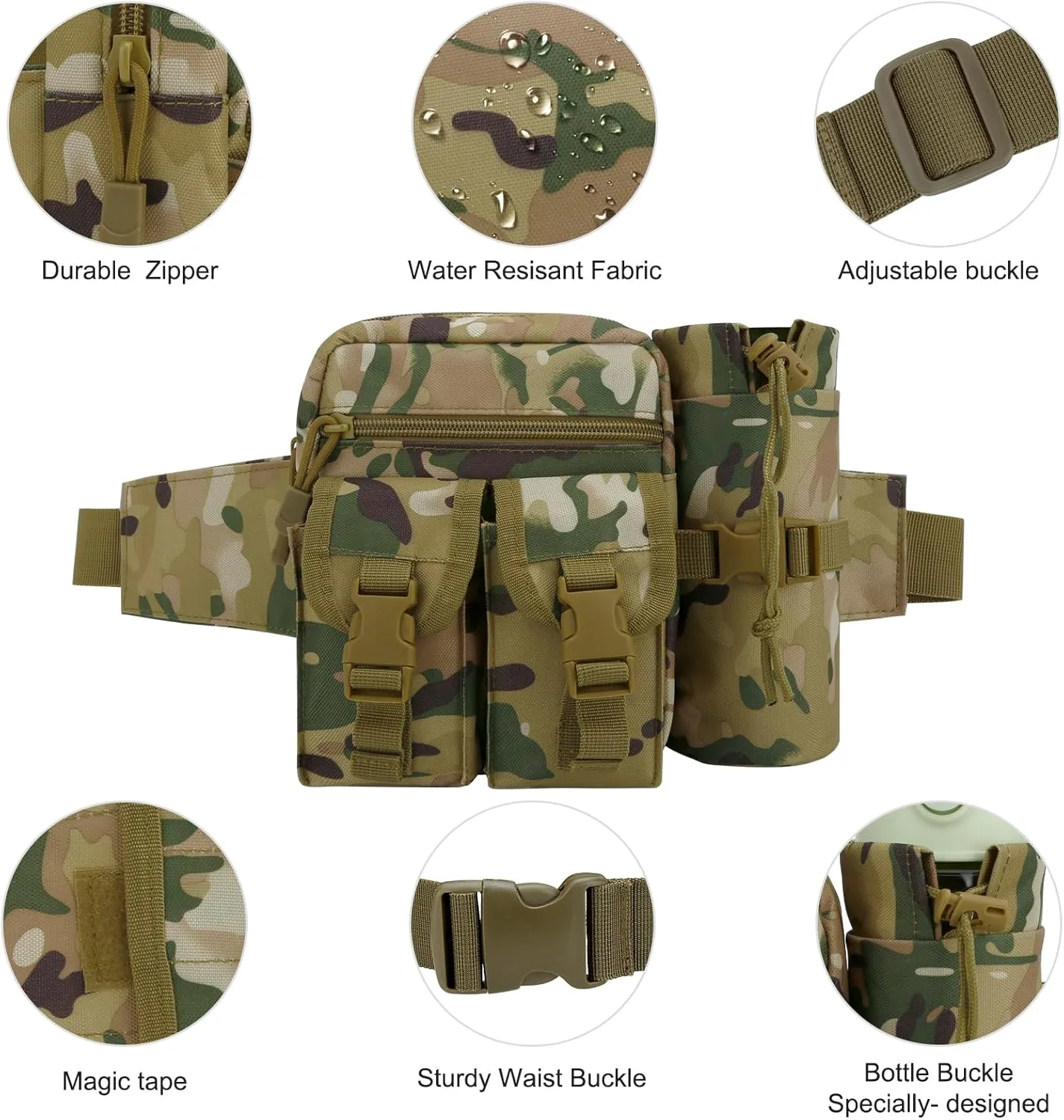 DOB SECHS Hiking Waist Bag with Detachable Water Bottle Holder and Adjustable Waist Belt Oxford Fanny Pack for Men Women Causal Belt Bag for Travel Outdoor Fishing Hiking Hunting,Light Camouflage