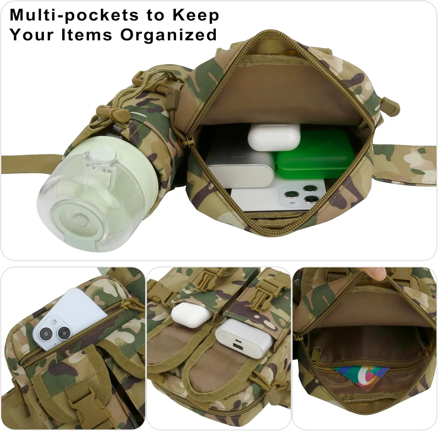 DOB SECHS Hiking Waist Bag with Detachable Water Bottle Holder and Adjustable Waist Belt Oxford Fanny Pack for Men Women Causal Belt Bag for Travel Outdoor Fishing Hiking Hunting,Light Camouflage