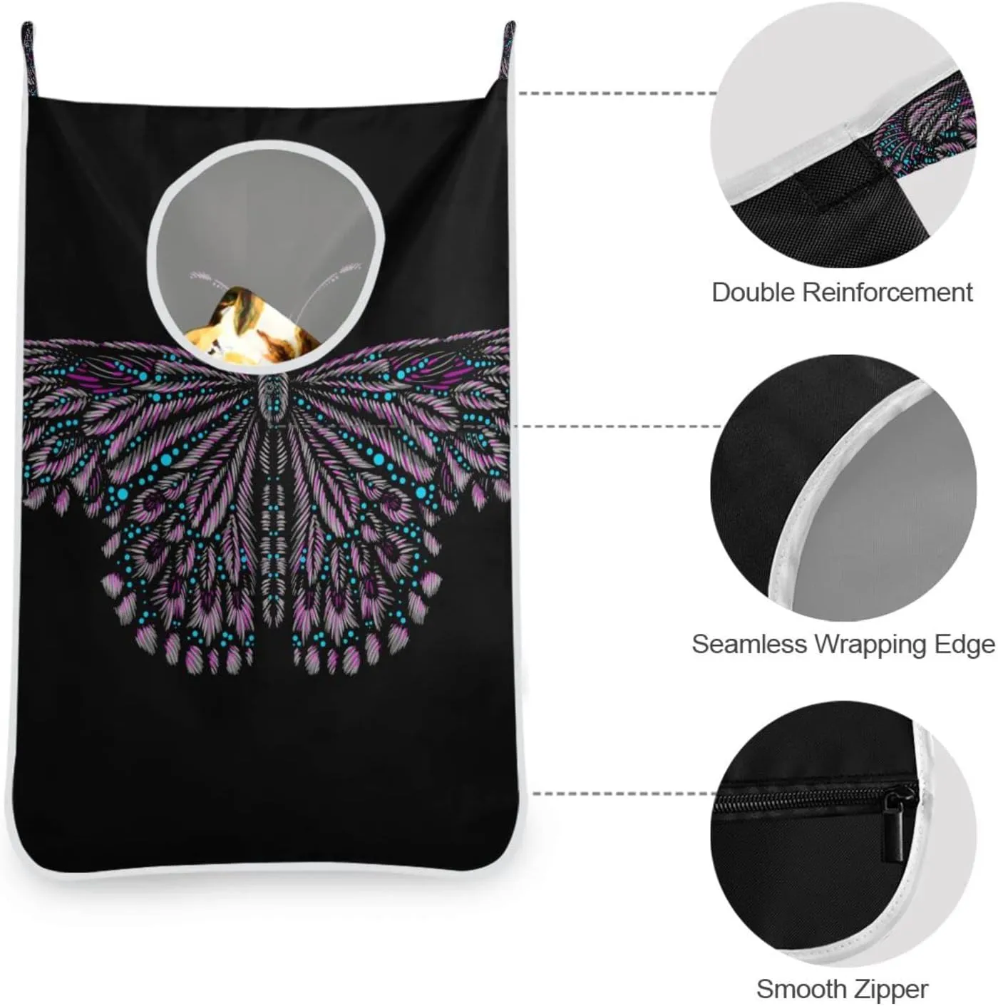 Door Hanging Laundry Hamper Bag with Free Adjustable Stainless Steel Hooks Dirty Clothes Hamper Extra Large Over the Door Laundry Hamper Butterfly Black 29.5X20inch 1 PCS
