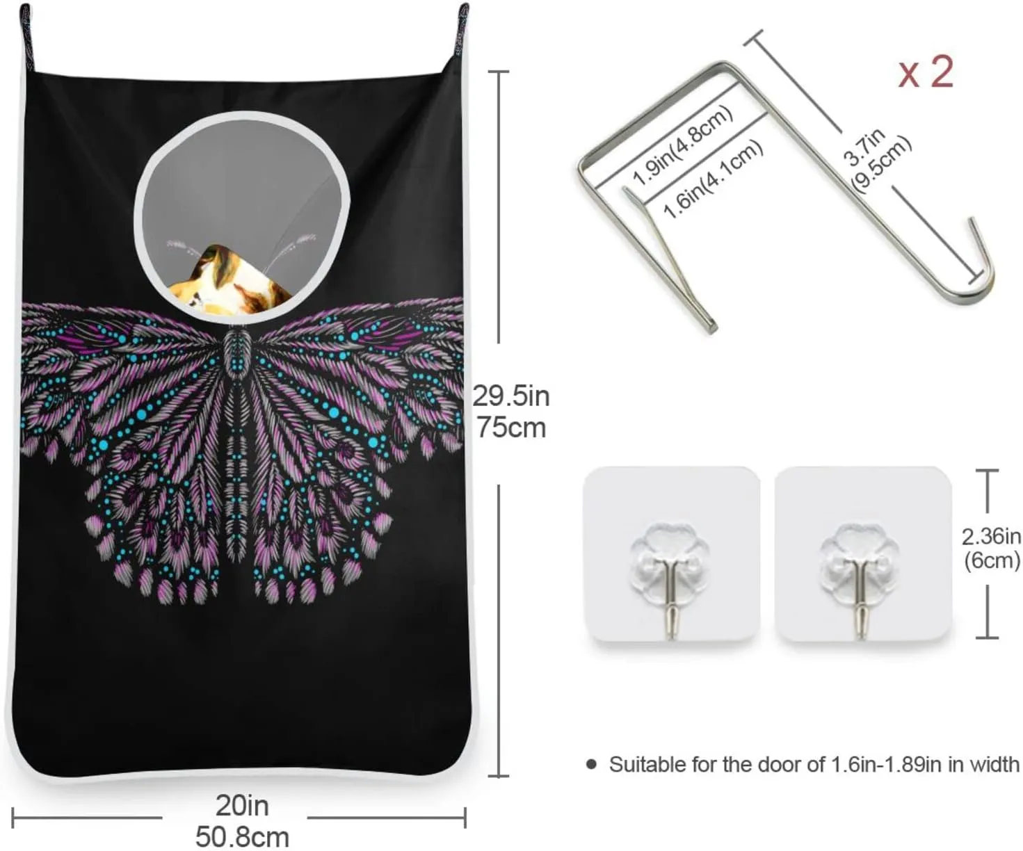 Door Hanging Laundry Hamper Bag with Free Adjustable Stainless Steel Hooks Dirty Clothes Hamper Extra Large Over the Door Laundry Hamper Butterfly Black 29.5X20inch 1 PCS