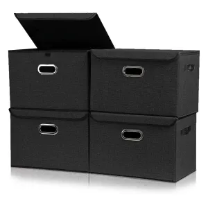 DOUBLE R BAGS Collapsible Storage Box with Lids Covers Large 4 Pack (Black)