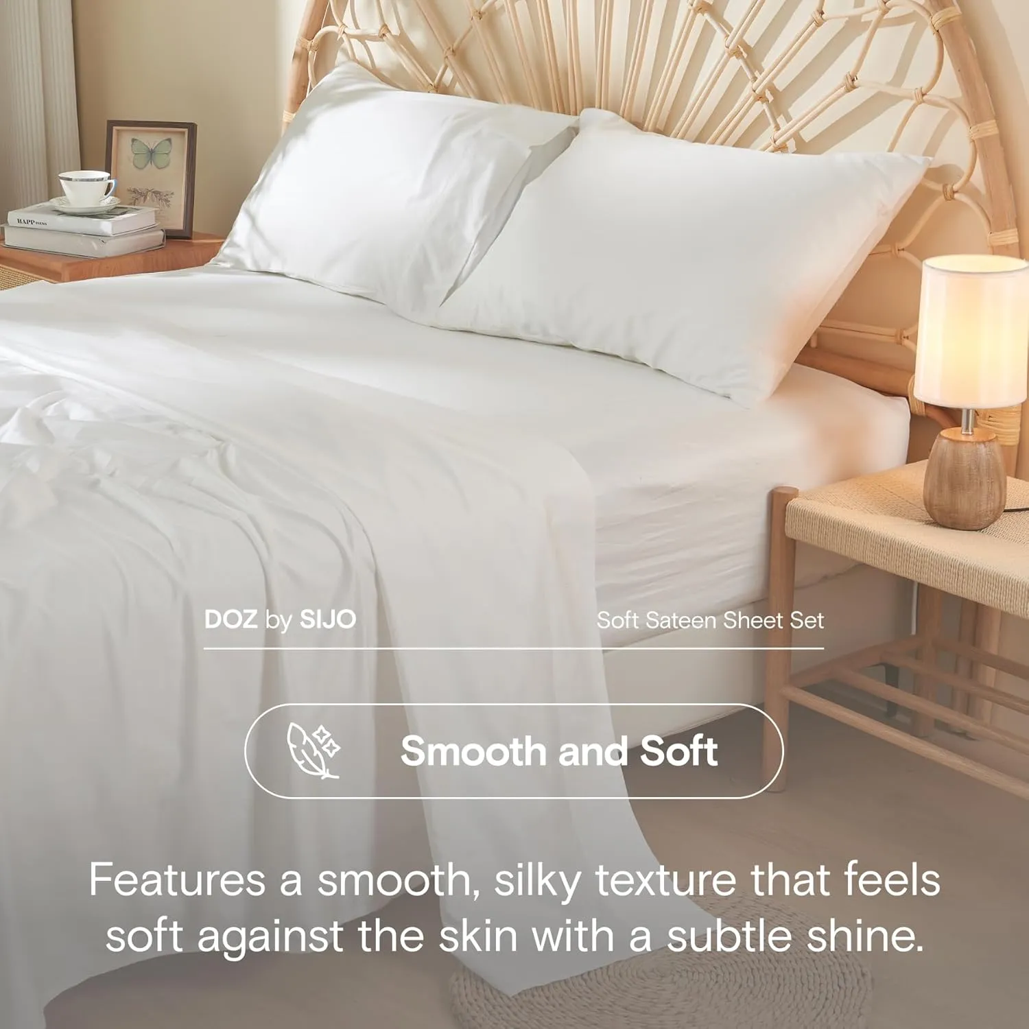 DOZ 100% Long Staple Cotton Sheet Sets, Soft Sateen Weave Cotton, Smooth, Breathable, Cooling Sheets, Hotel Comfort, Durable, 3pc – 2 Pillowcases 1 Fitted (Snow, Queen)