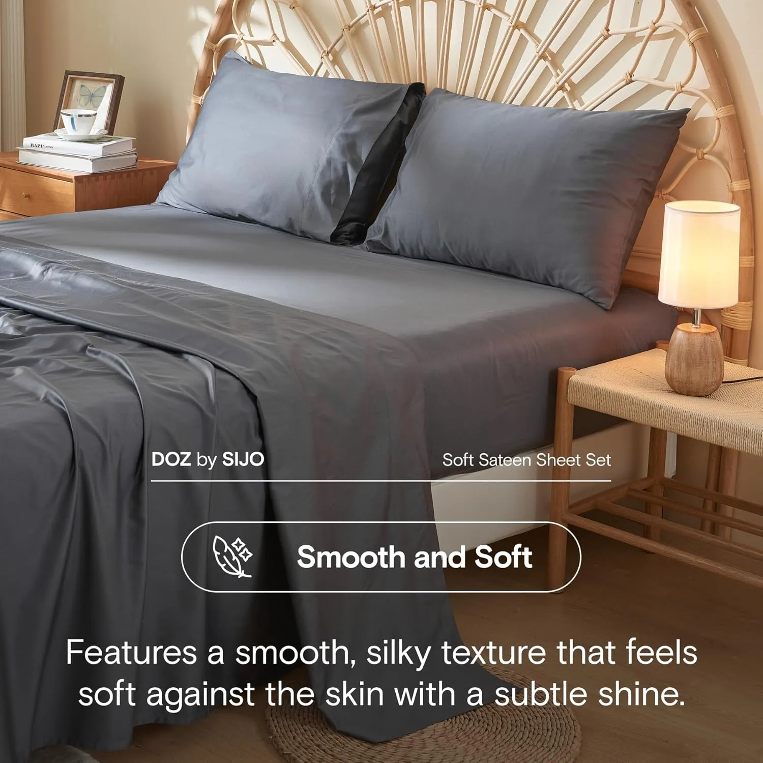 DOZ 100% Long Staple Cotton Sheet Sets, Soft Sateen Weave Cotton, Smooth, Breathable, Cooling Sheets, Hotel Comfort, Durable, 3pc – 2 Pillowcases 1 Fitted (Storm, Queen)