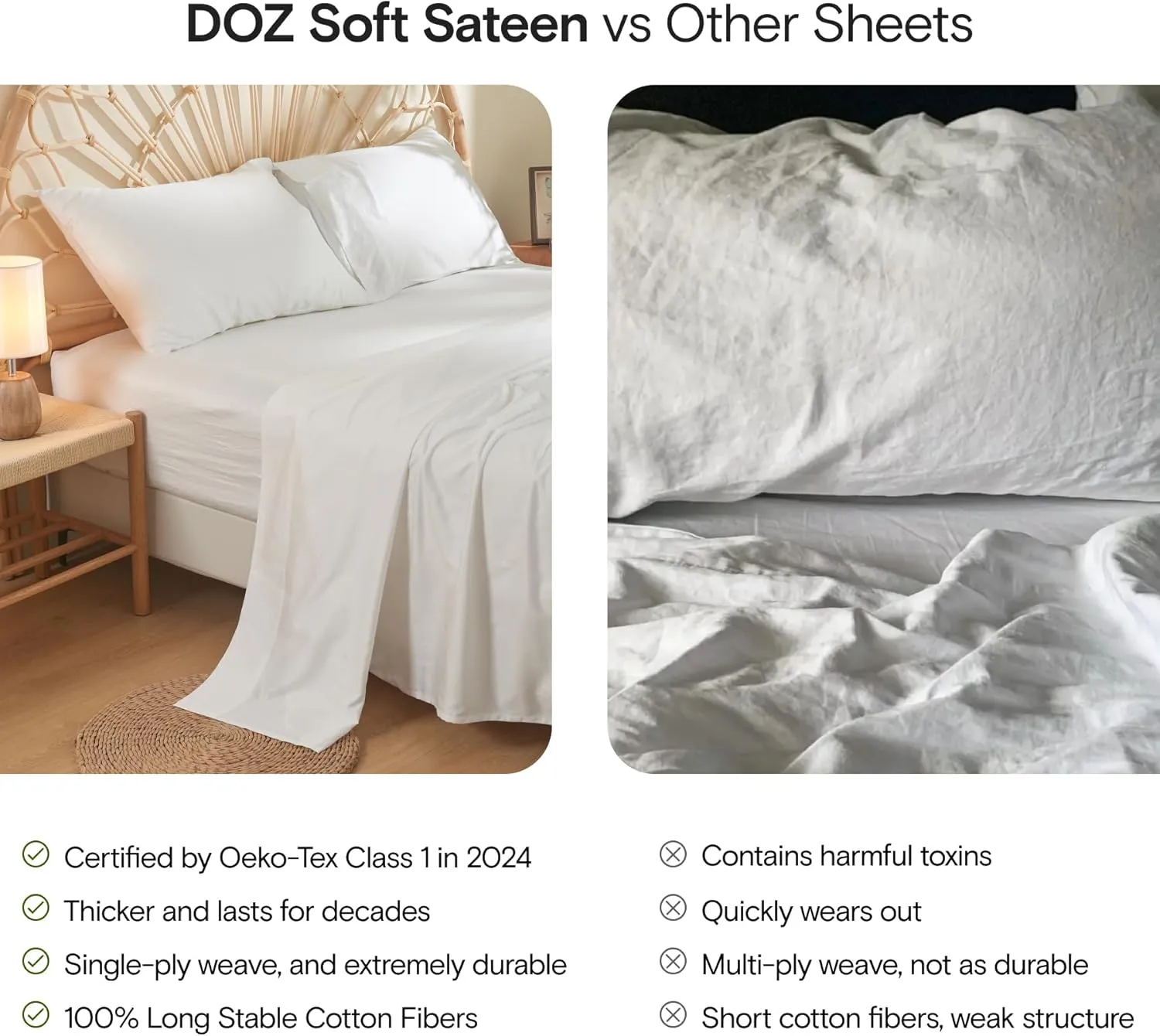 DOZ 100% Long Staple Cotton Sheet Sets, Soft Sateen Weave Cotton, Smooth, Breathable, Cooling Sheets, Hotel Comfort, Durable, 3pc – 2 Pillowcases 1 Fitted (Storm, Queen)