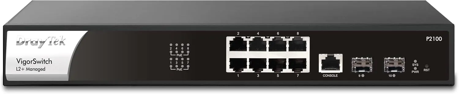 Draytek VigorSwitch P2100 8-Port Gigabit PoE Layer 2  Managed Switch | 2 SFP Uplink Ports | Rack Mountable | Business Class