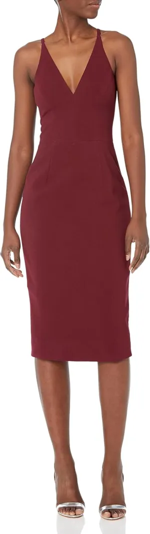 Dress the Population Women's Lyla Plunging Sleeveless Fitted Midi Sheath Dress