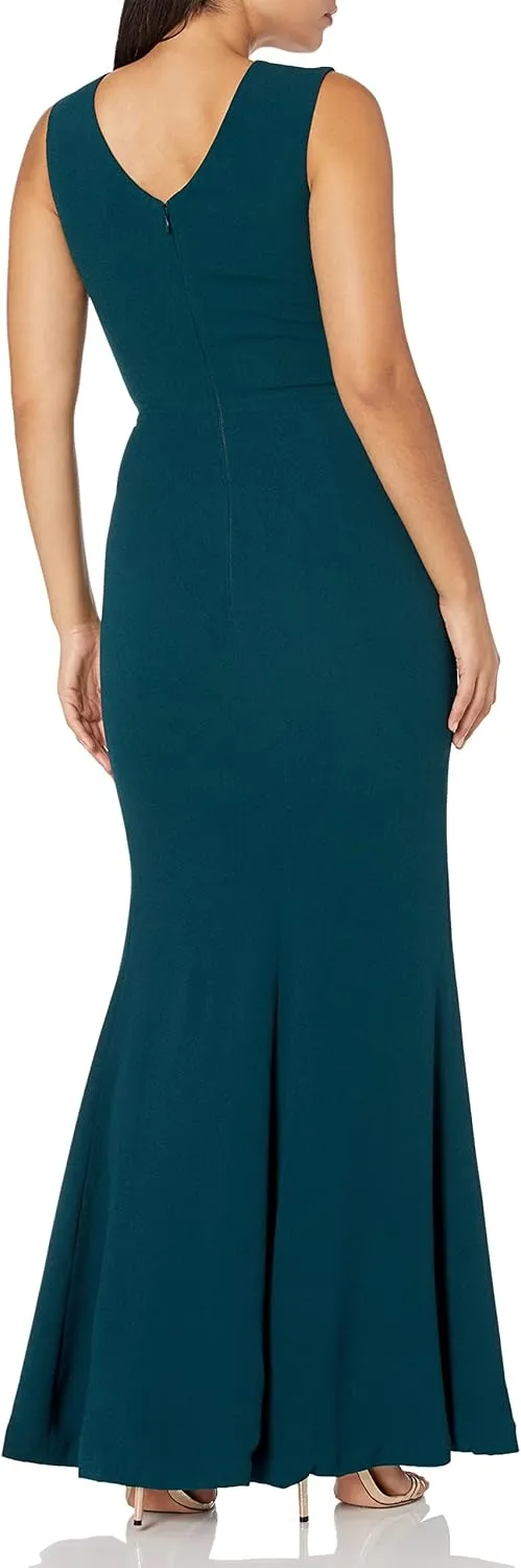Dress the Population Women's Sandra Plunging Thick Strap Solid Gown with Slit Dress