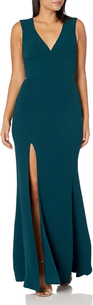 Dress the Population Women's Sandra Plunging Thick Strap Solid Gown with Slit Dress