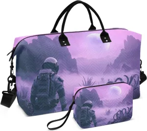 Duffel Bag for Traveling, Astronaut Moon Purple Gym Bags with Multiple Interior Pockets for Women Men Toiletry Purse Included 20.5”x 1.9” x 13.8”