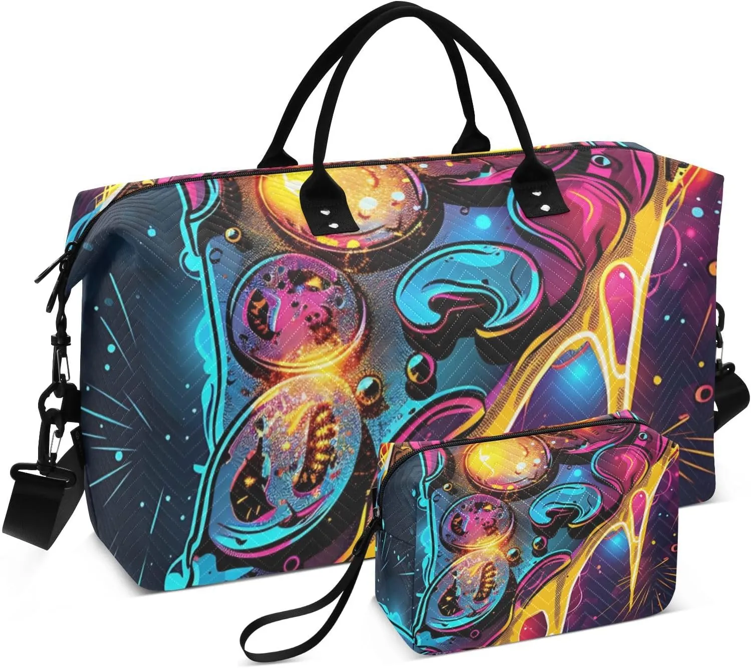 Duffel Bag for Traveling, Neon Pizza Black Gym Bags with Multiple Interior Pockets for Women Men Toiletry Purse Included 20.5”x 1.9” x 13.8”