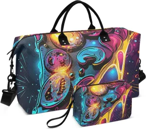 Duffel Bag for Traveling, Neon Pizza Black Gym Bags with Multiple Interior Pockets for Women Men Toiletry Purse Included 20.5”x 1.9” x 13.8”