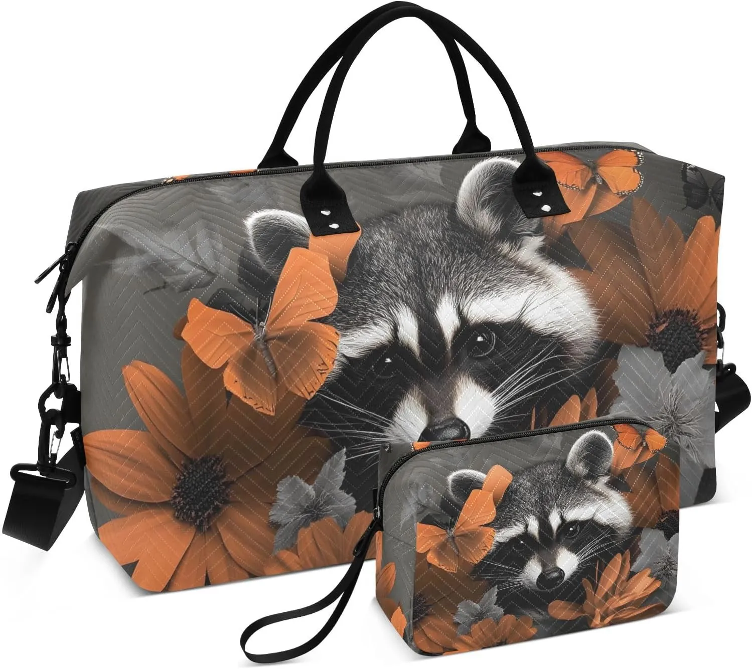 Duffel Bag for Traveling, Raccoon Flower Butterfly Gym Bags with Multiple Interior Pockets for Women Men Toiletry Purse Included 20.5”x 1.9” x 13.8”