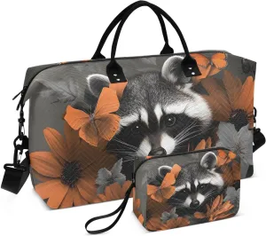 Duffel Bag for Traveling, Raccoon Flower Butterfly Gym Bags with Multiple Interior Pockets for Women Men Toiletry Purse Included 20.5”x 1.9” x 13.8”