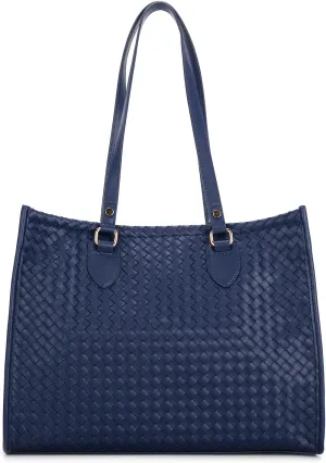 E Woven Pattern Tote Bag for Women Vegan Leather Top Handle Handbag