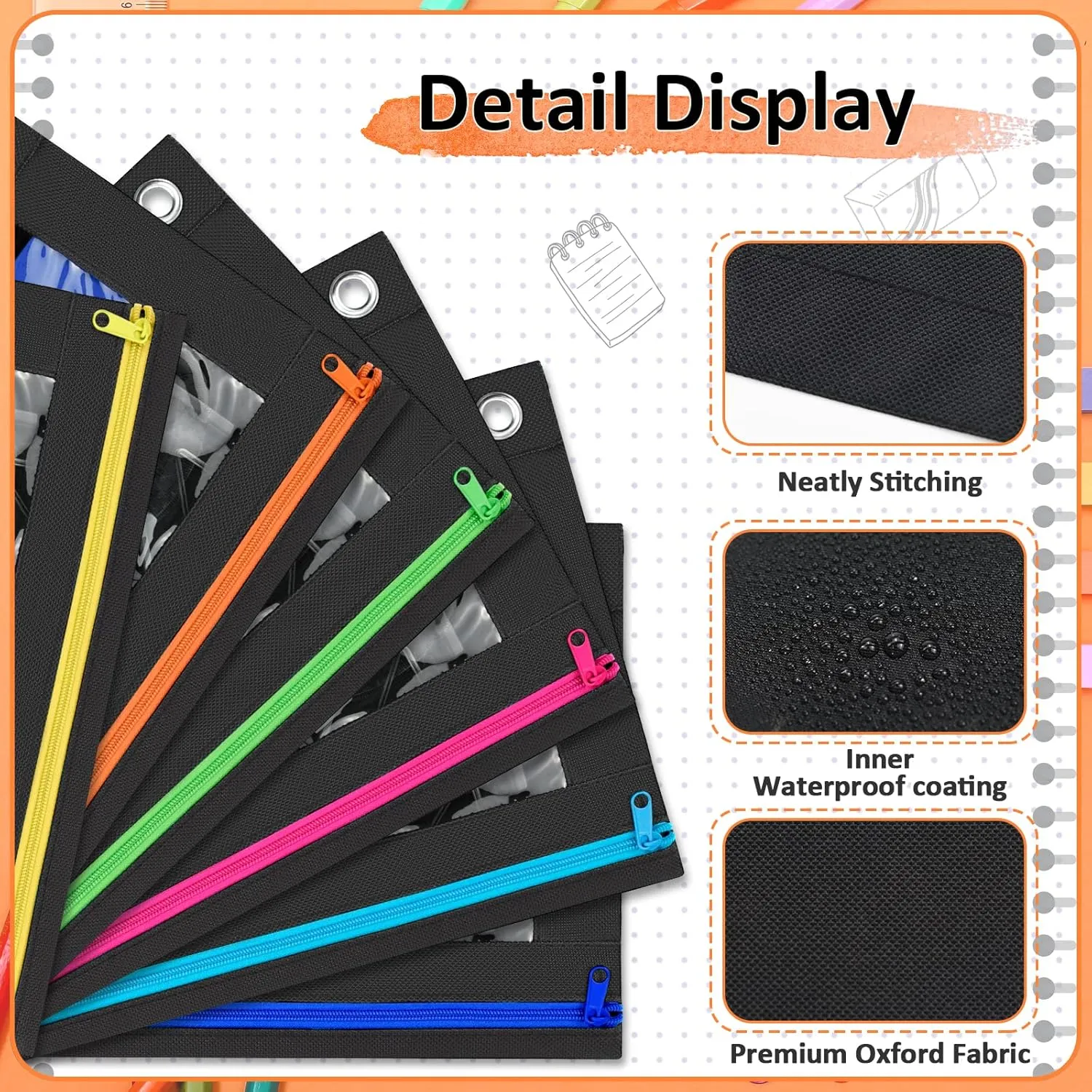 EAONE 36 Pack Pencil Pouch for 3 Ring Binder with Zipper, Pencil Case Bag Bulk for School Student, Office, Home, Classroom Supplies, Black