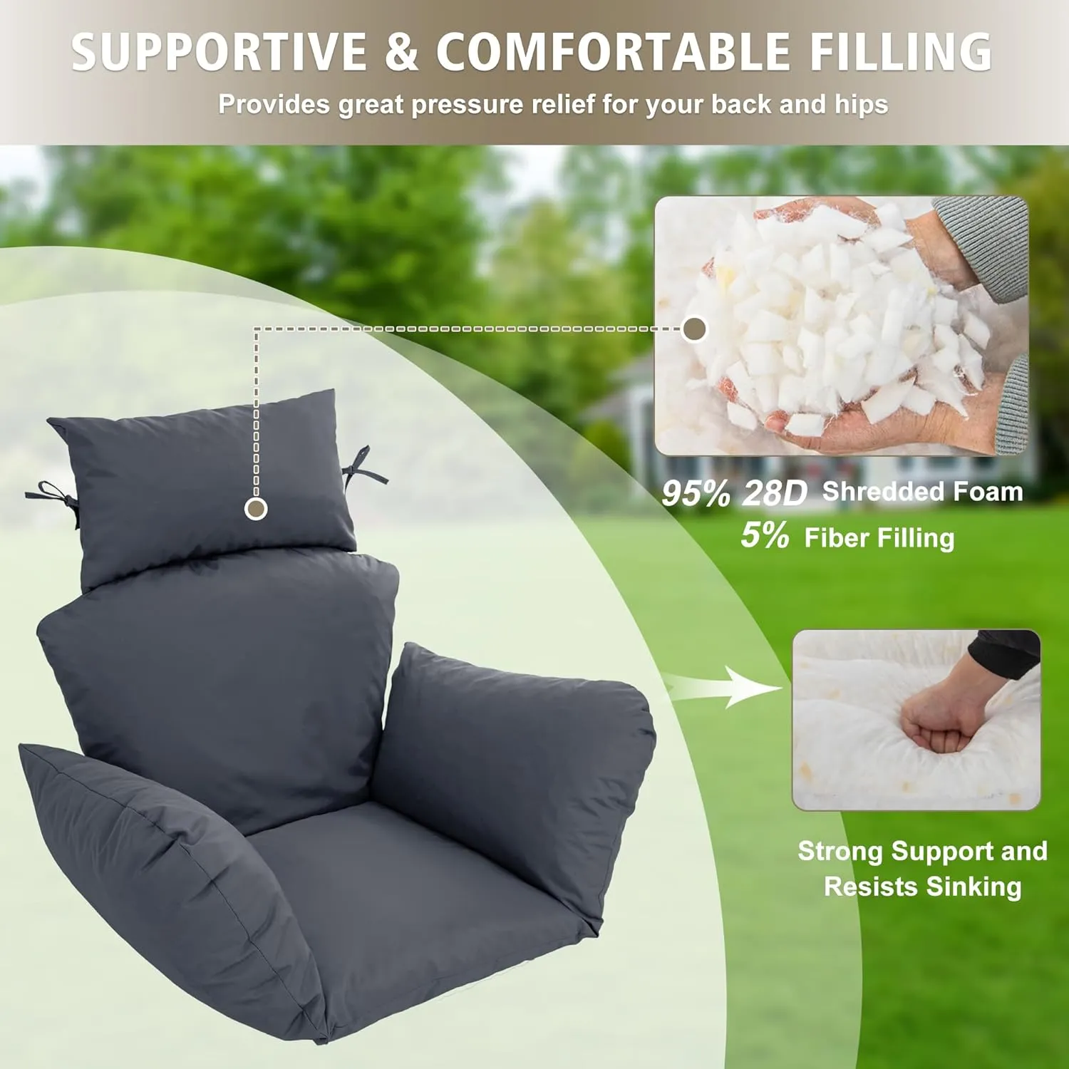 Egg Chair Cushion – Outdoor Hanging Chair Cushion, Replacement Cushions for Patio Swing, Waterproof, Fade- Resistant, Removable & Machine Washable Cover, Dark Grey