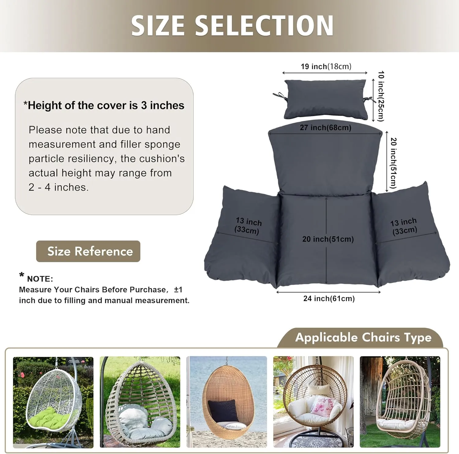 Egg Chair Cushion – Outdoor Hanging Chair Cushion, Replacement Cushions for Patio Swing, Waterproof, Fade- Resistant, Removable & Machine Washable Cover, Dark Grey