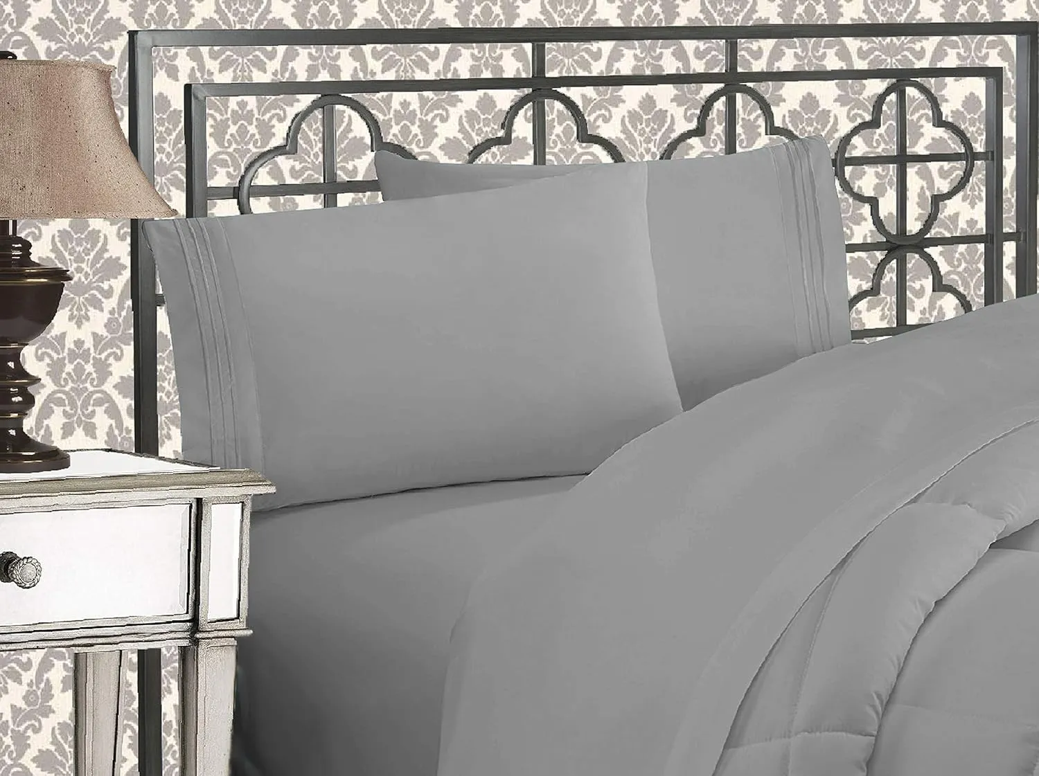 Elegant Comfort Luxurious 1500 Premium Hotel Quality Microfiber Three Line Embroidered Softest 4-Piece Bed Sheet Set, Wrinkle and Fade Resistant, King, Silver-Light Grey