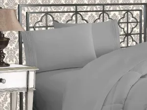 Elegant Comfort Luxurious 1500 Premium Hotel Quality Microfiber Three Line Embroidered Softest 4-Piece Bed Sheet Set, Wrinkle and Fade Resistant, King, Silver-Light Grey