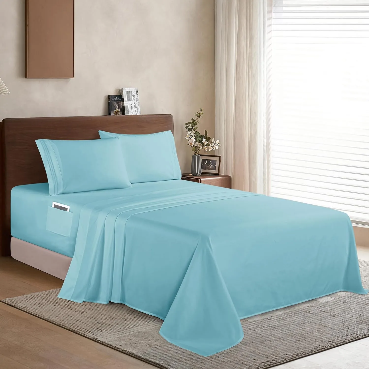 Elegant Comfort Luxury 1500 Premium Hotel Quality Microfiber 4-Piece Sheet Set - Soft, All Around Elastic 18-24 Inches Deep Fitted Sheet - Extra Deep Pocket Sheets, King, Aqua