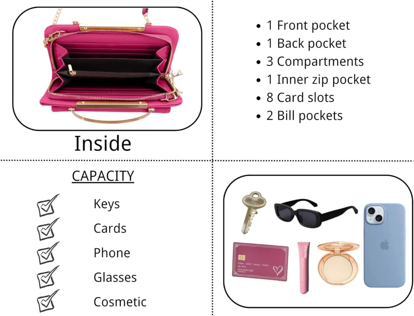 Elegant Crossbody Cell Phone Wallet on Chain Purse with Metal Bar and Top Handle Formal Evening Clutch